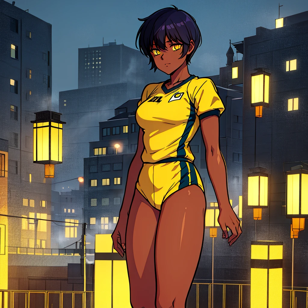 1 girl, solo, dark skin, yellow eyes, short hair, square, athletic build, sportswear, medium breast, mid thighs, short stature, city, multi-storey building, fog, night, Low light, lanterns