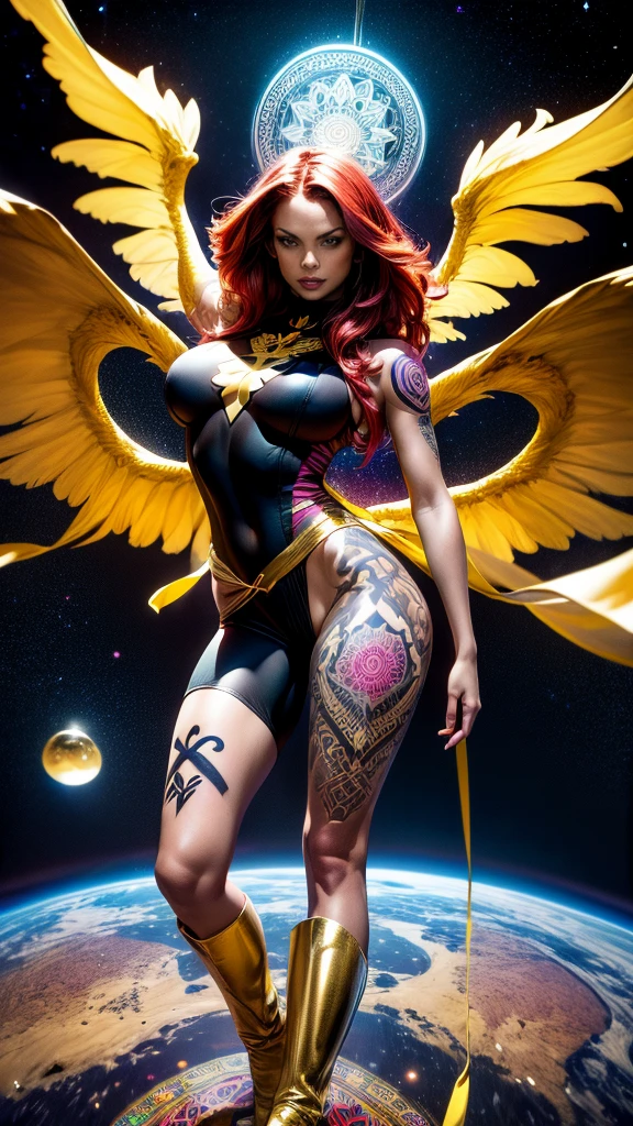 1girl, solo, Jean Grey of X-men, high leg cut out unitard of black and gold, boob window in unitard, ((thighs showing)), ((calf-high boots)), (color mandala tattoos on thighs:1.37), wings on hips, floating in space, arms out in power pose, contrapposto stance, dramatically colorful cosmic background, moody lighting, 16k, best quality, masterpiece, (wide angle:1.27), full length portrait