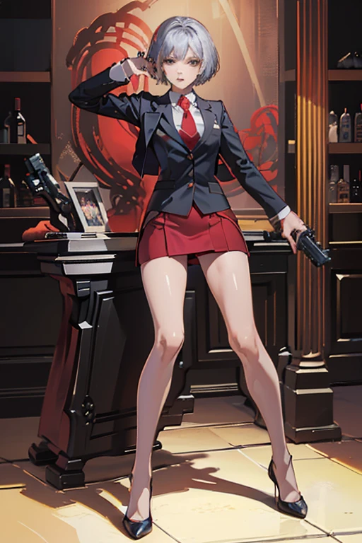 Highest quality、Ultra HD、One Woman、((Silver short hair、Red blazer、Red tie、shirt、Red Heels、Red Mini Tight Skirt、black tights))、((Shooting with a gun in each hand))、Stylish、Beautiful Faces、Black belt、2 female、Glamorous Body、(Sunset slum background)、