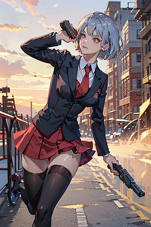 Highest quality、Ultra HD、One Woman、((Silver short hair、Red blazer、Red tie、shirt、Red Heels、Red Mini Tight Skirt、black tights))、((Shooting with a gun in each hand))、Stylish、Beautiful Faces、Black belt、2 female、Glamorous Body、(Sunset slum background)、