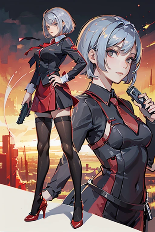 Highest quality、Ultra HD、One Woman、((Silver short hair、Red blazer、Red tie、shirt、Red Heels、Red Mini Tight Skirt、black tights))、((Shooting with a gun in each hand))、Stylish、Beautiful Faces、Black belt、2 female、Glamorous Body、(Sunset slum background)、
