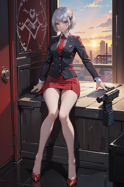 Highest quality、Ultra HD、One Woman、((Silver short hair、Red blazer、Red tie、shirt、Red Heels、Red Mini Tight Skirt、black tights))、((Shooting with a gun in each hand))、Stylish、Beautiful Faces、Black belt、2 female、Glamorous Body、(Sunset slum background)、