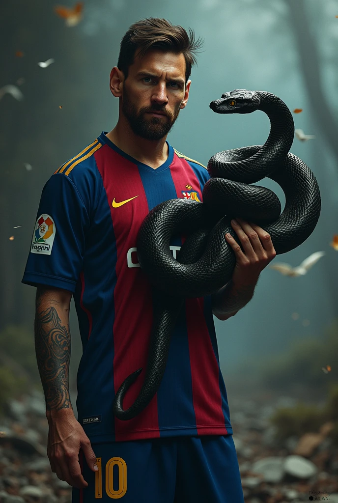 Messi with a black snake in his hand.