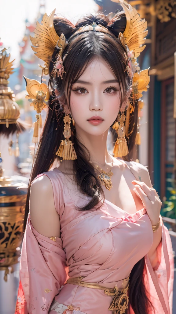 an oriental girl,Pink double ponytail long hair,Fox ears,bell headdress,Big breasts,Wearing Japanese Kimono,Chest bell jewelry,little foot bell jewelry,in front of buddhist temple,runner,4K