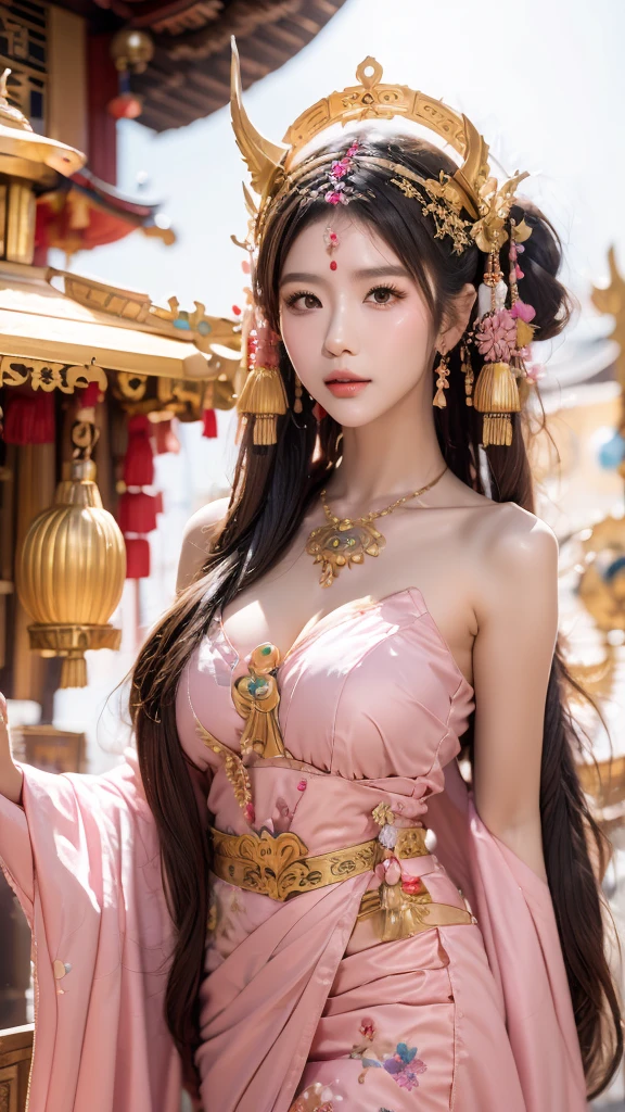 an oriental girl,Pink double ponytail long hair,Fox ears,bell headdress,Big breasts,Wearing Japanese Kimono,Chest bell jewelry,little foot bell jewelry,in front of buddhist temple,runner,4K