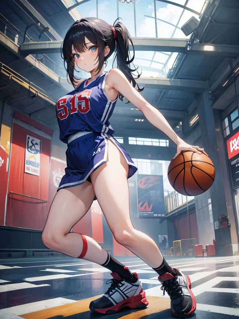 Sexy Anime Girl with Basketball Outfit in a Big Court-like Environment Posing