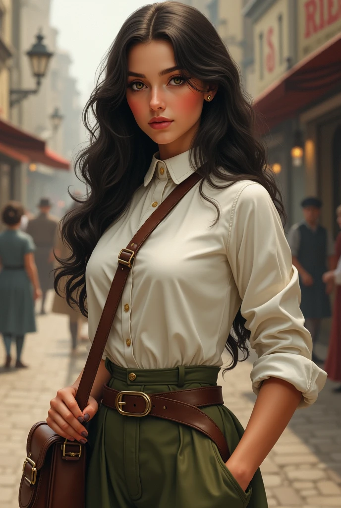A girl from late be 90s and early 20century age 17 or 18 long dark hair till her waist brown eyes tan skin wearing a white High collar blouse
with waist coat sleeve rolled up paired with olive colour trousers with wide leather belt carrying a brown satchel bag