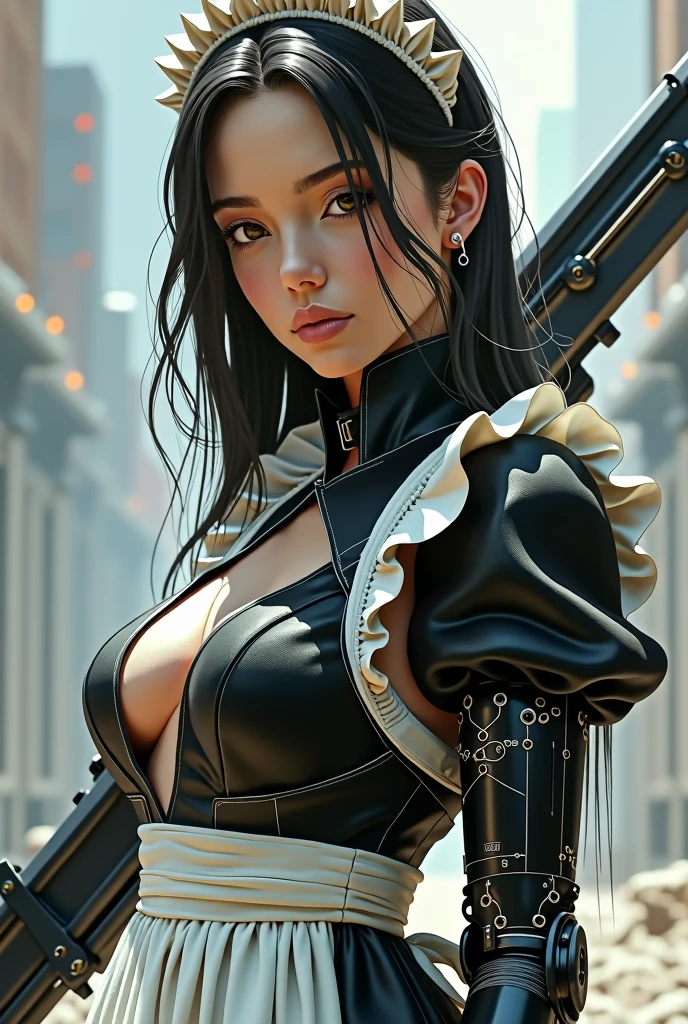 A highly detailed and realistic image of a beautiful young girl in a maid outfit. She has expressive eyes and long, flowing hair. Parts of her body, such as her arms and legs, feature sleek, advanced cybernetic enhancements, blending seamlessly with her natural form. Her stance and expression convey her expertise in combat, suggesting she is both graceful and deadly. The background hints at a futuristic, possibly conflict-ridden setting, emphasizing her readiness for battle.”