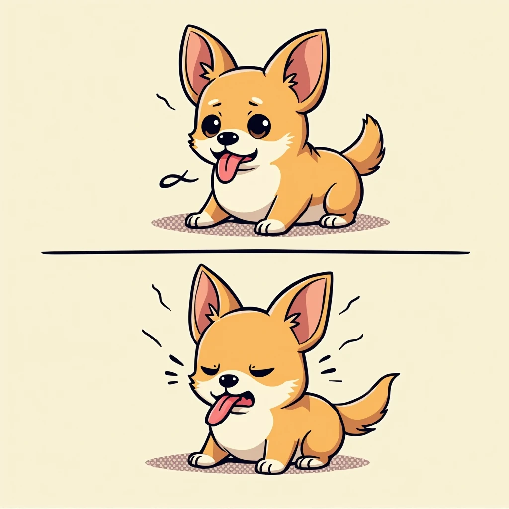 Chibi Style, 2-panel cartoon, dot halftone, Flat Color,Chihuahua having difficulty breathing,Chihuahuas are fat,Suffocating, Tired,