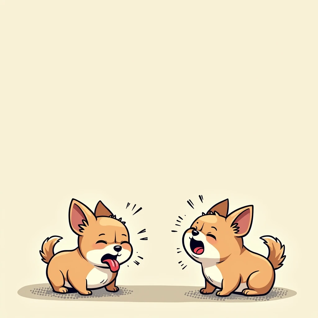 Chibi Style, 2-panel cartoon, dot halftone, Flat Color,Chihuahua having difficulty breathing,Chihuahuas are fat,Suffocating, Tired,