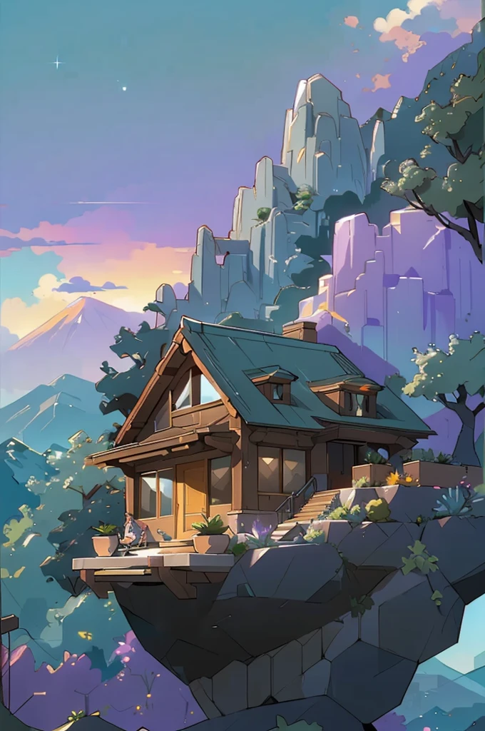 small and beautiful modern house in top of big boulders, terraces, pool, stairs, multiple cacti gardens, palms, trees, rocks, beautiful landscape design, mountains and volcano y background, amazing clouds, sun, moon, planets, milky way galaxy, concrete, wood, glass and steel materials, olive green, violet, orange and withe colors in facade