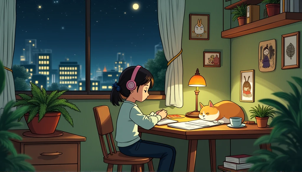Studying at a wooden desk with headphones on. A cat is sleeping by a large window. There is a coffee cup on the desk. Study space decorated with potted plants, Warm goods, and stuffed animals. The room walls have a green texture. You can see the cityscape at night from the window. Ghibli anime scenery. Ghibli-like depiction.