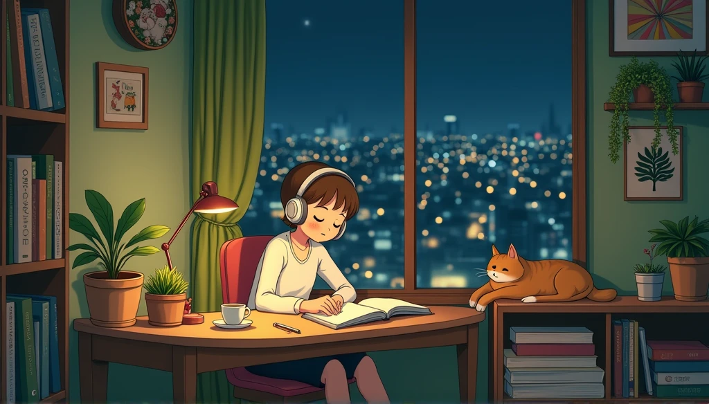 Studying at a wooden desk with headphones on. A cat is sleeping by a large window. There is a coffee cup on the desk. Study space decorated with potted plants, Warm goods, and stuffed animals. The room walls have a green texture. You can see the cityscape at night from the window. Ghibli anime scenery. Ghibli-like depiction.