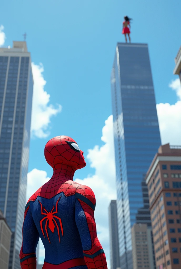 Spiderman looking at the sky at his gf name jitisha on top of the highest building
