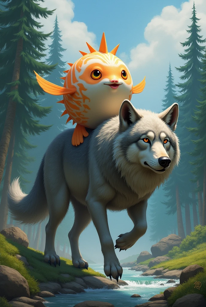Make a puffer fish riding a gray wolf