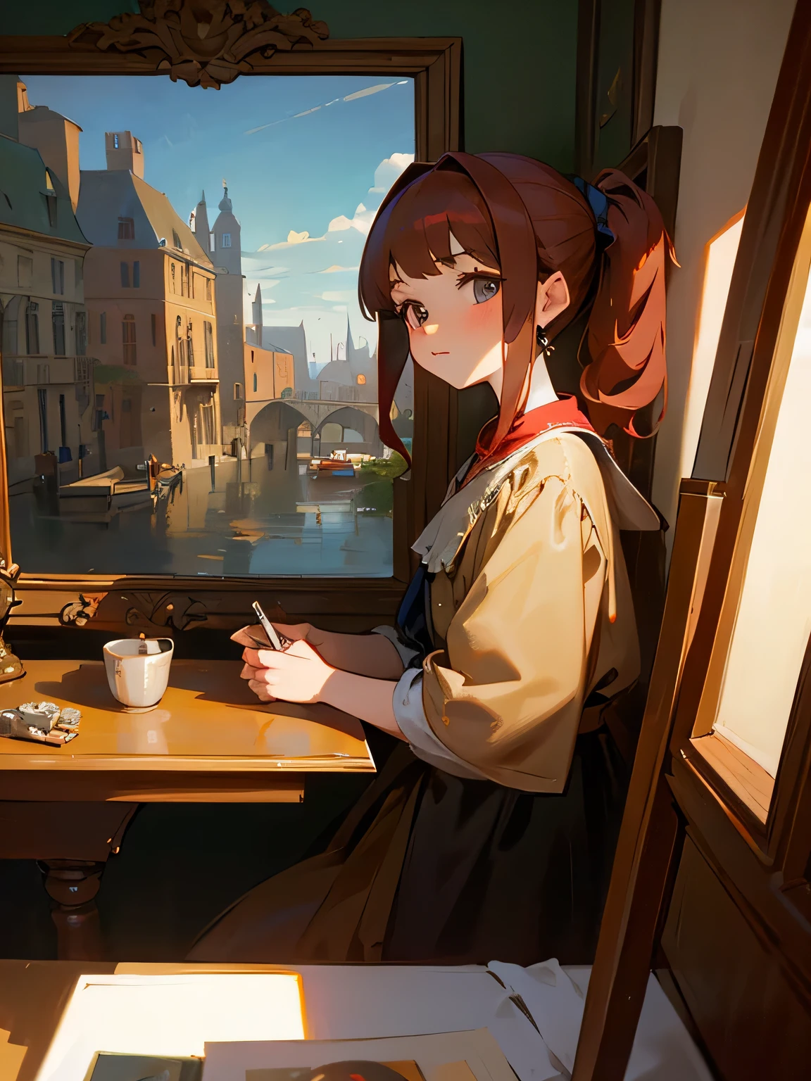 Tabletop, girl,World Masterpiece Theatre, Brown red hair, 1 person, shape, Looking at the audience, Material, canvas, Oil, Vermeer Artist ,