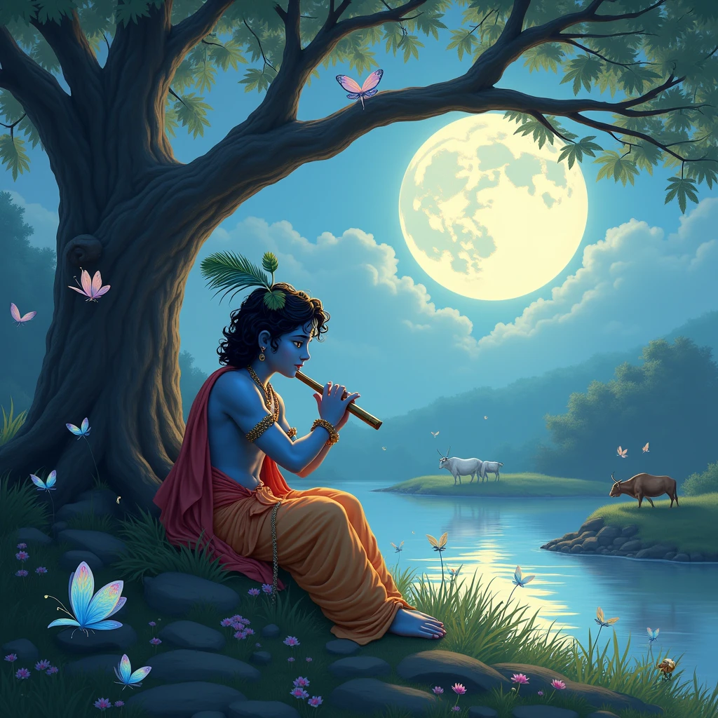 Krishna waiting waiting for Radha to express his love in the river side sitting on the middle of the
tree and sleep with
cow 🐄 and peacock 🦚 with some blue and pink butterflys 🦋 by playing flute in the full moon and light with night on his head one peacock feather
Only genrate the photo