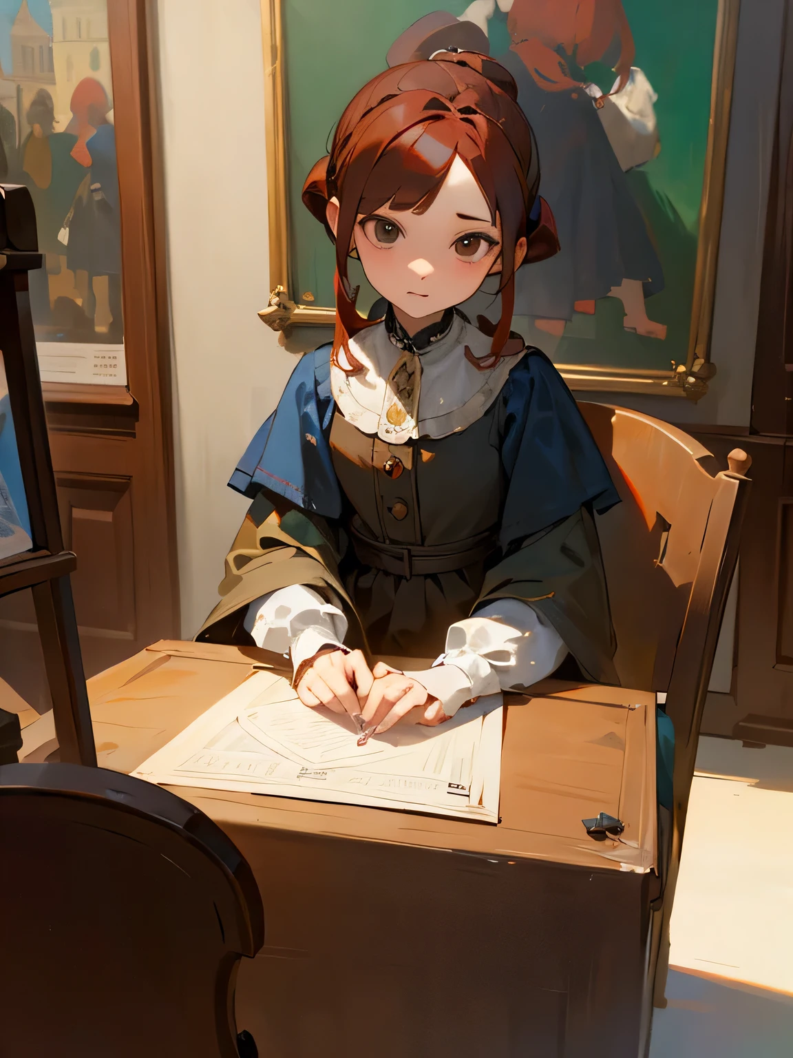Tabletop, girl,World Masterpiece Theatre, Brown red hair, 1 person, shape, Looking at the audience, Material, canvas, Oil, Vermeer Artist ,