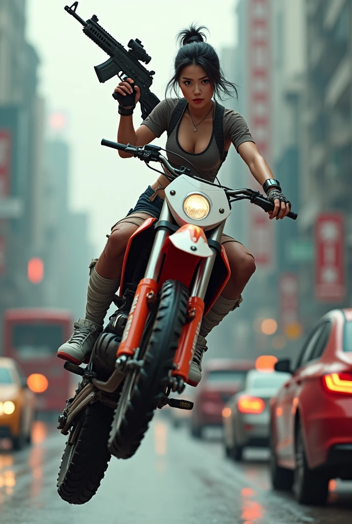 a beautiful Asian girl wearing cool clothes. doing freestyle motocross on a street full of action. You can see a rifle in his hand and pointing it towards the front. The effect of traffic chaos