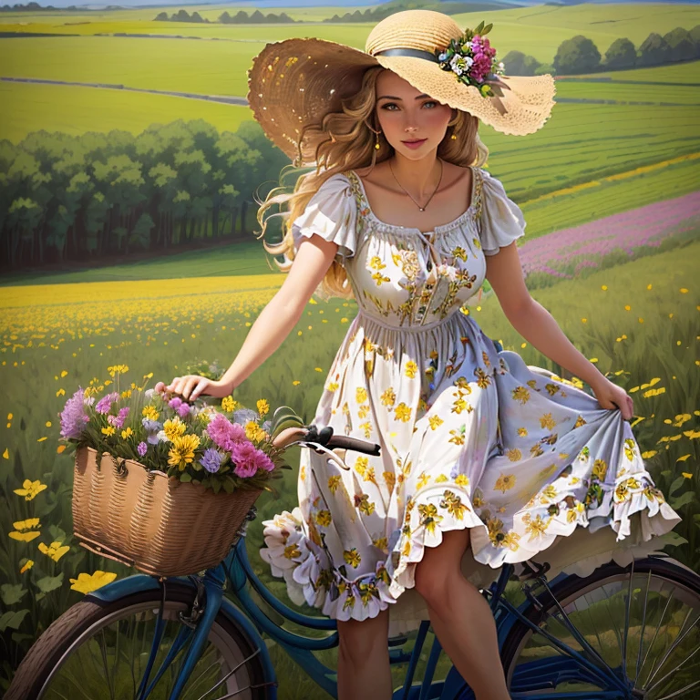 arafed woman in a dress and hat with a bicycle in field, In the village, Gorgeous lady, in field, gorgeous woman, in field with flowers, nice woman, wearing sundress, wearing a floral dress, sundress, Retro vintage and romanticism, flowy dress, amazing woman, in a sunny dress, open dress