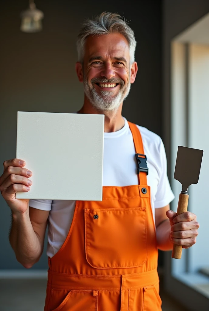 A man in a white T-shirt and orange construction overalls, smiling and holding a 60x60cm square ceramic tile in one hand, in the other hand holds a spatula, Studio Photography, studio lighting, realistic skin texture and detail, the man stands slightly sideways,