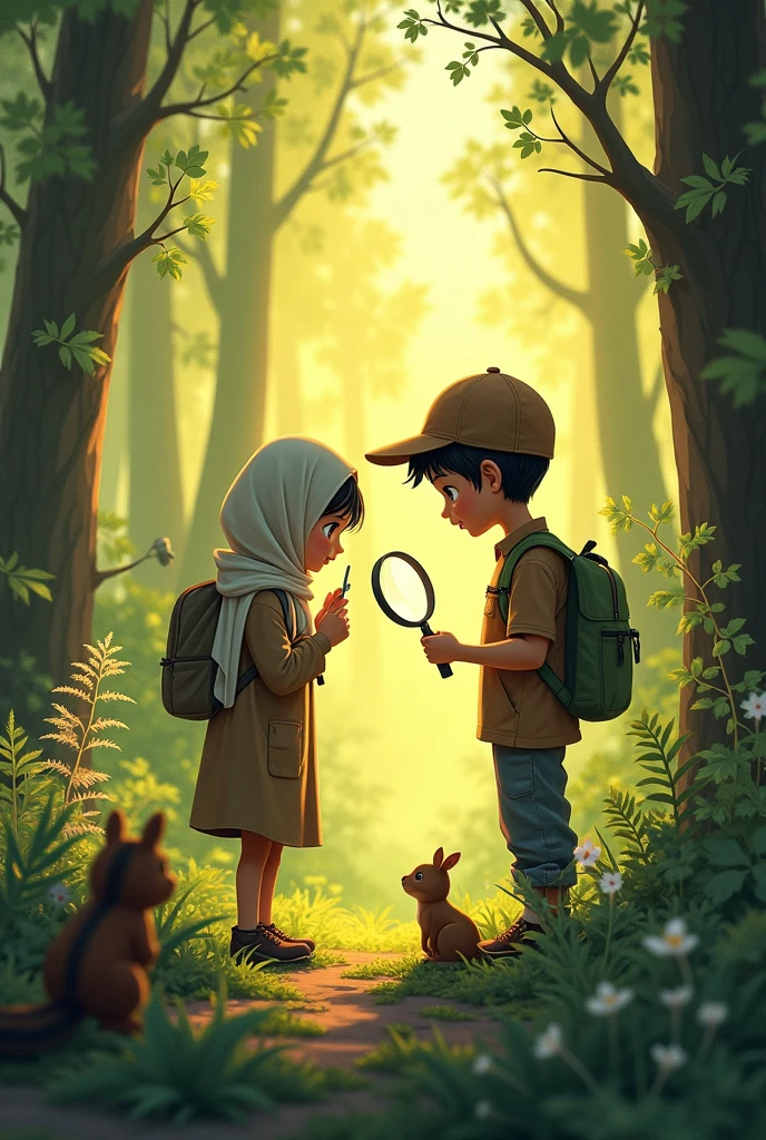 The situation is in a forest lit by sunlight, on the right there is a boy wearing a cap and on the left there is a girl wearing a hijab. They are both looking for rare medicinal plants with a magnifying glass. Behind them there are various small forest animals looking at them.