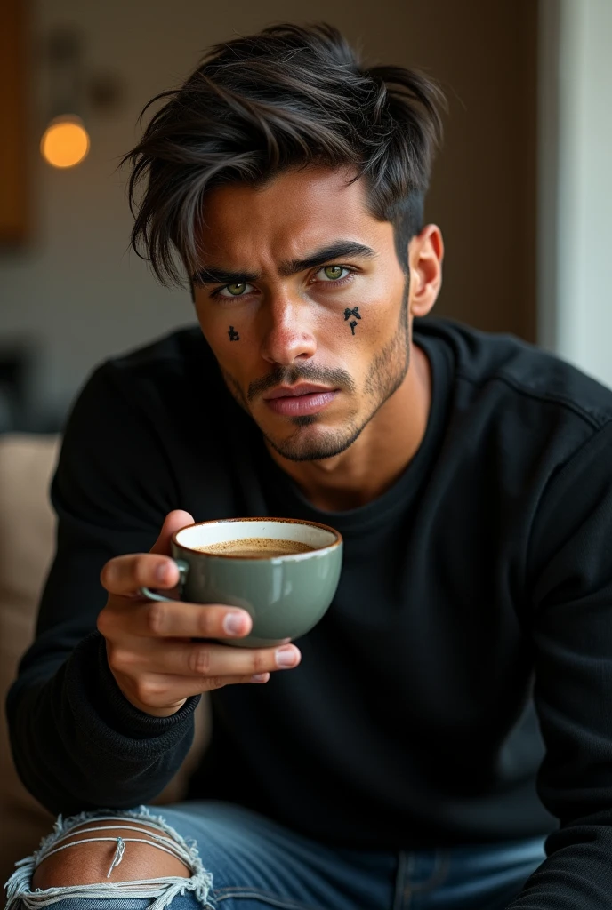 (photorealism:1.2), (8k) (detailed) (Whole body) facial features: Square face with a marked jaw, prominent cheekbones and thick, dark eyebrows. Adds youthfulness to your appearance.hair: hair oscuro, usually combed back or styled slightly tousled, which can vary between short and medium.eyes: eyes verdes oscuros, with a penetrating look that expresses confidence, with cross-shaped hoops on each side.Complexion: slim and well defined. Height 1.80, which gives it an imposing presence.style: Your style of dress: chompa negra, ripped jean pants.Skin tone: Skin tone bronceado, typical of the Mediterranean.Expression: He usually has a serious or concentrated expression., Although he can display a charming and confident smile.(sitting drinking coffee).