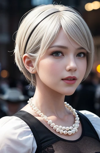 8k, ultra realistic, masterpiece, best quality, ultra detailed, beautiful face, beautiful skin, photorealistic, (professional lighting:1.2), nier_automata, 2B, light smile, pearl necklace, looking at viewer, cowboy shot, focus on face, ultra sharp, on street in business district, ultra detailed photo background, (((with the crowd)))