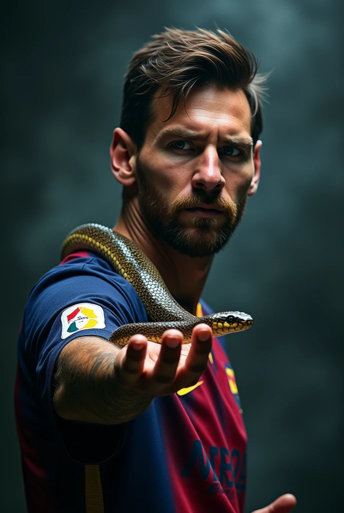Messi with a snake in his hand.