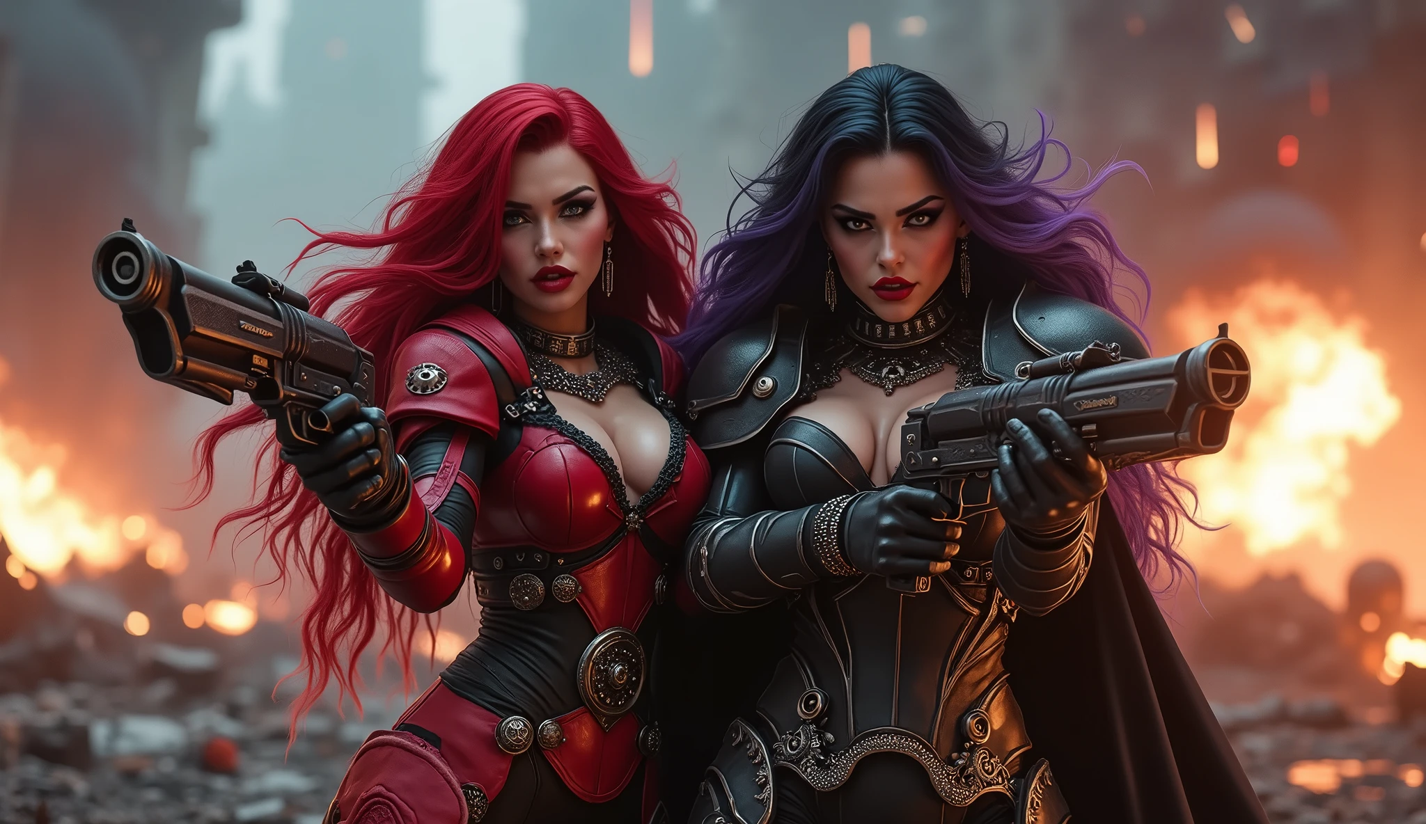 Full body pose sexy sisters of battle from the warhammer 40k, shooting at the enemy, red space marine armor with intricate details, black space marine armor with intricate details, symbols on the armor, sisters of battle, warhammer 40k, Massive exposed silicone breast, pale skin, seductive, temptation, eat your soul, clevage, long red flowing hair, long black flowing hair with purple highlights, heavy gothic makeup, at night, neon, beautiful detailed eyes, beautiful detailed lips, extremely detailed eyes and face, long eyelashes, highly detailed armor, intricate futuristic weaponry, dramatic lighting, cinematic composition, muted color palette, gritty and realistic, mecha, science fiction, hyper-detailed, photorealistic, award winning digital art, 8k, HDR, masters work, in the middle of a battle field, full body combat action pose, explosions and fire around, full war, stunning, Stilleto heels, high heels, full body pose, cinematic, movie trailer, final stand!, nemesis, ready to strike, dust and debree, combat screams, attacking, shooting at the enemy, running forward, last line of defense, charging, fanatic, religious, templar knights, sisters of battle, warhammer 40k, shooting at the enemy, bimbo gigantic exposed breast, jetpacks, space marine, stilleto heels, cinematic light, cameltoe pussy, beautiful pussy, wet pussy, wet body, oiled body, gigantic exposed breast, shooting at the enemy