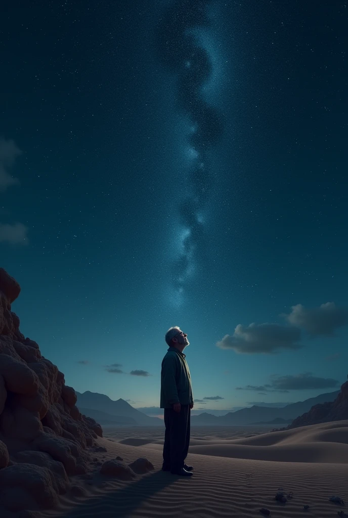 A man standing in desert watching night Stars 