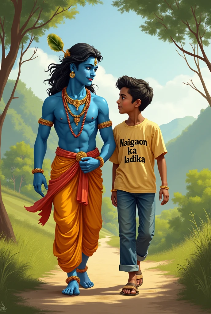 Lord Krishna walking with larg boy ti shirt written naigaon ka ladka
