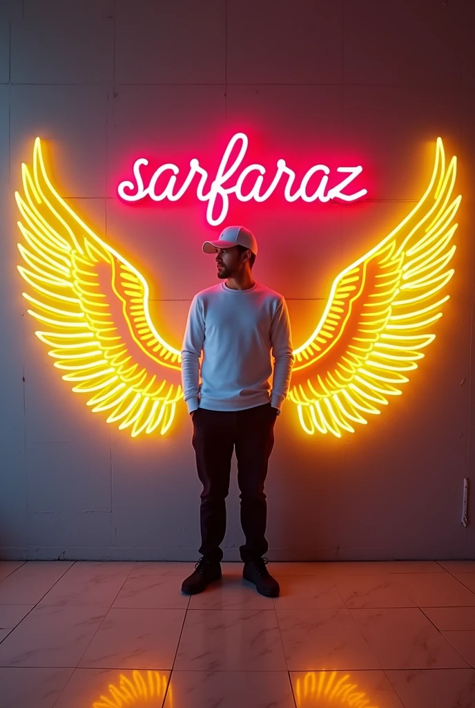 In this striking and futuristic scene, a mysterious individual stands confidently in front of a mesmerizing neon wall. The individual’s casual attire – a white sweater, white cap, black pants, and black shoes – contrasts with the vibrant neon wings in bright yellow, symmetrically placed on either side of the figure. The bold red neon quote “SARFARAZ” adds an inspiring touch to the composition. The floor, made of tiles, reflects the grayish hue of the wall,