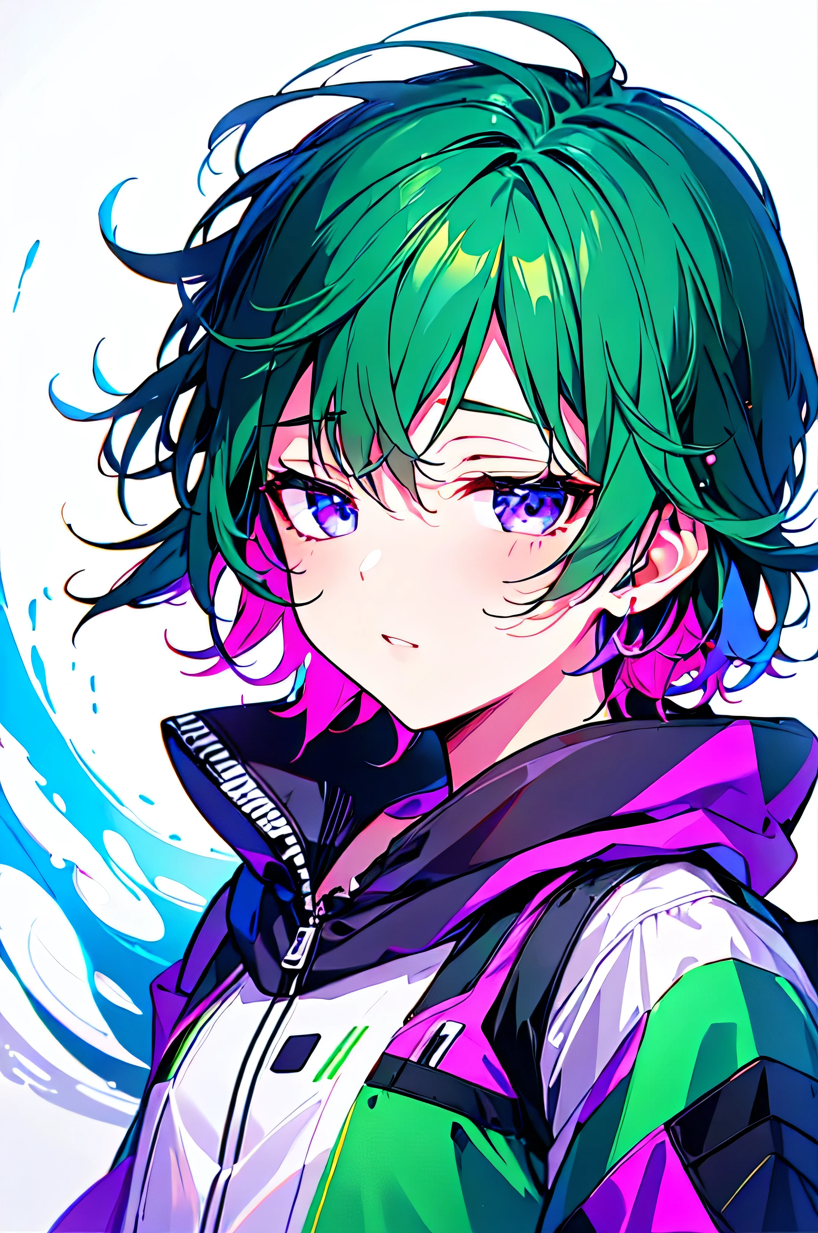 [(WHITE BACKGROUND:1.5),::5], ((((masterpiece)))), high quality, ultra_very_high_resolution, large_filesize, full color, (((solo))), ((**********)), (((green short hair))), purple eyes, anime, upper body, neon light, black parka,