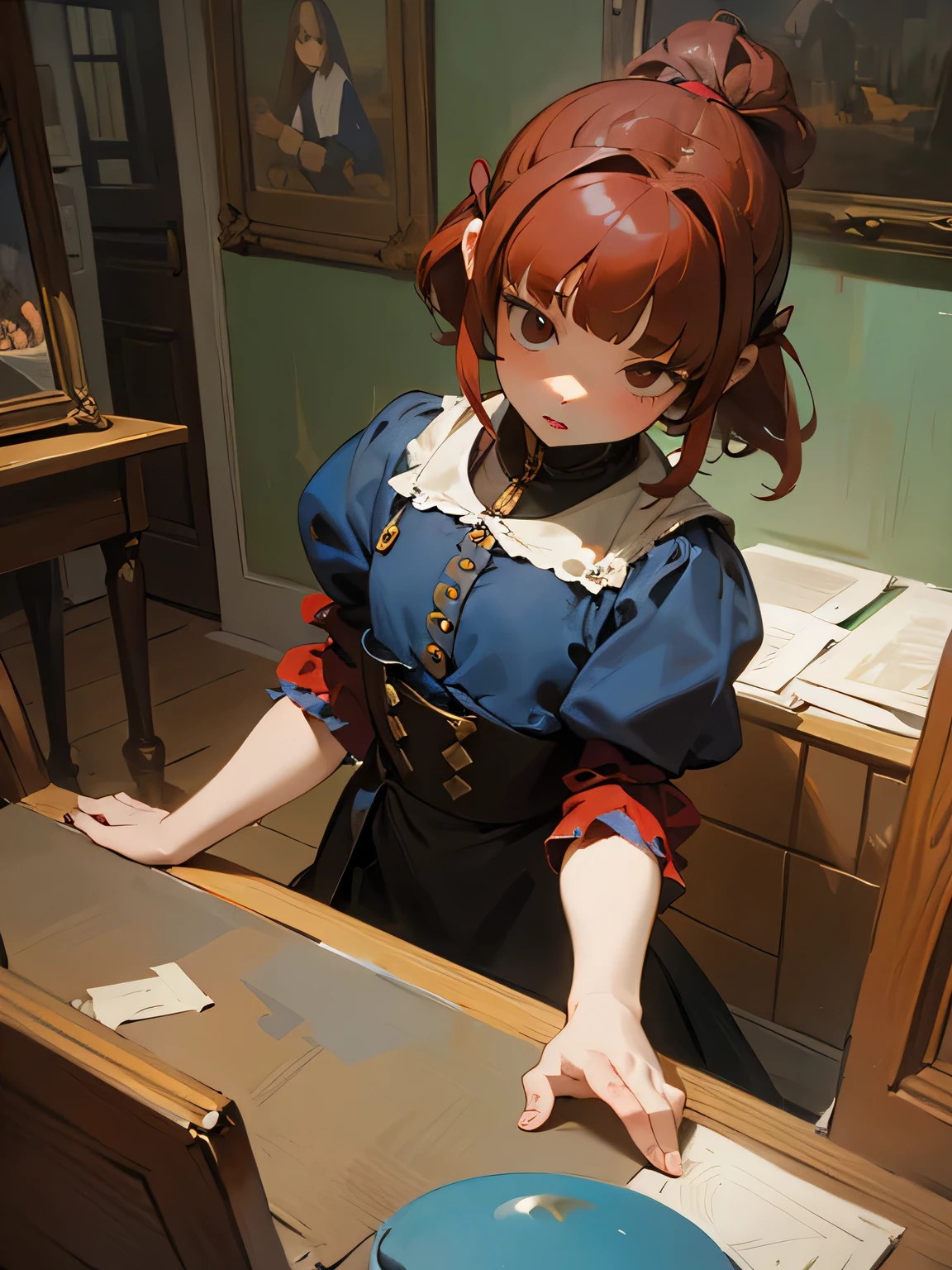 Tabletop, girl,World Masterpiece Theatre, Brown red hair, 1 person, shape, Looking at the audience, Material, canvas, Oil, Vermeer Artist ,