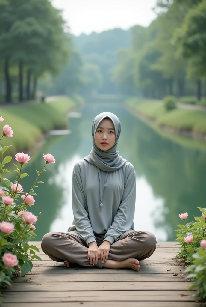Beautiful Korean girl with smooth white skin, well-groomed face, light gray hijab, long t-shirt, light gray, brown cargo pants, posing, sitting cross-legged on a very beautiful pier, next to the pier there are many flowers blooming , the background is a wide river the water is calm, on either side of the river it is surrounded by green trees, the original photo is realistic