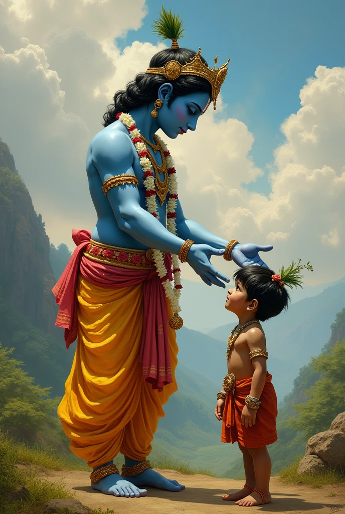 The lord Krishna blessing The young boy in his head. 