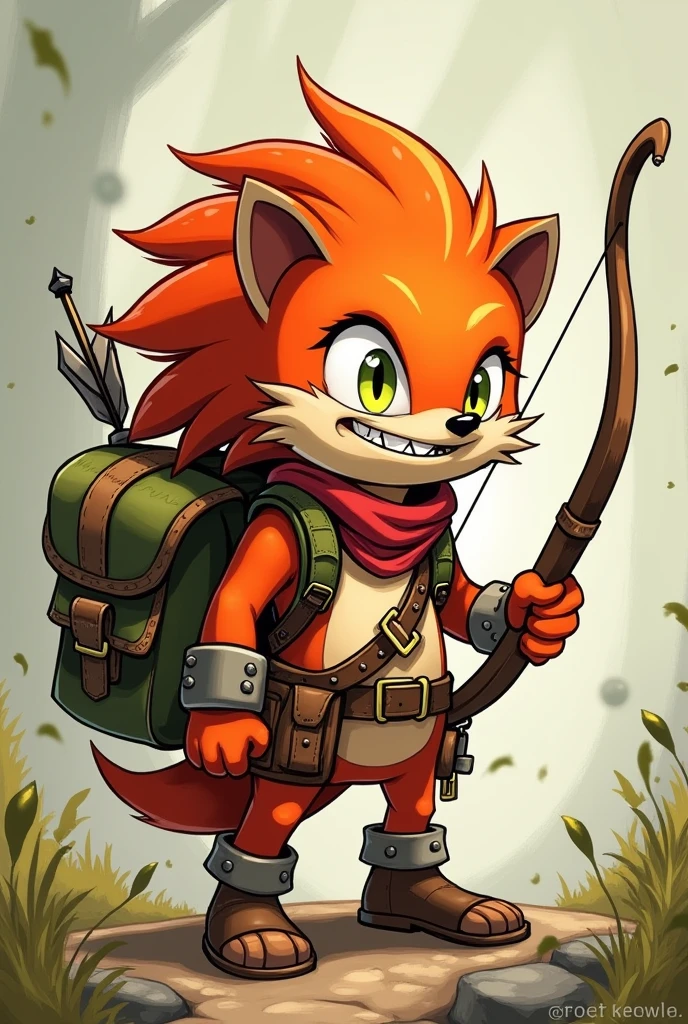 A drawing of a character in the style of the game Spiritfarer. A hedgehog with a tool belt, mischievous face, a big backpack and a bow and arrow. The hedgehog is female and has to be rounder. It needs to look chaotic and quite mischievous. Even more menacing