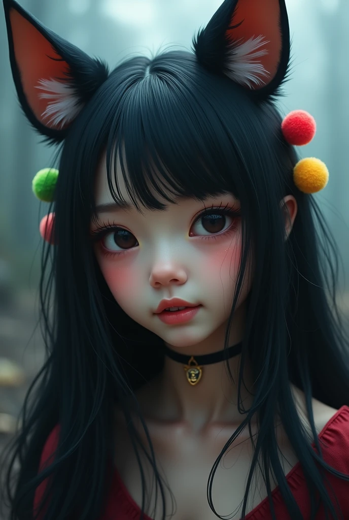 black hair, hair bobbles, wince, longeyelashes, solid circle eyes, fake animal ears, light smile, ear blush, fang, ccurate, Surrealism, drop shadow, anaglyph, stereogram, tachi-e, pov, atmospheric perspective, 8k, super detail, best quality