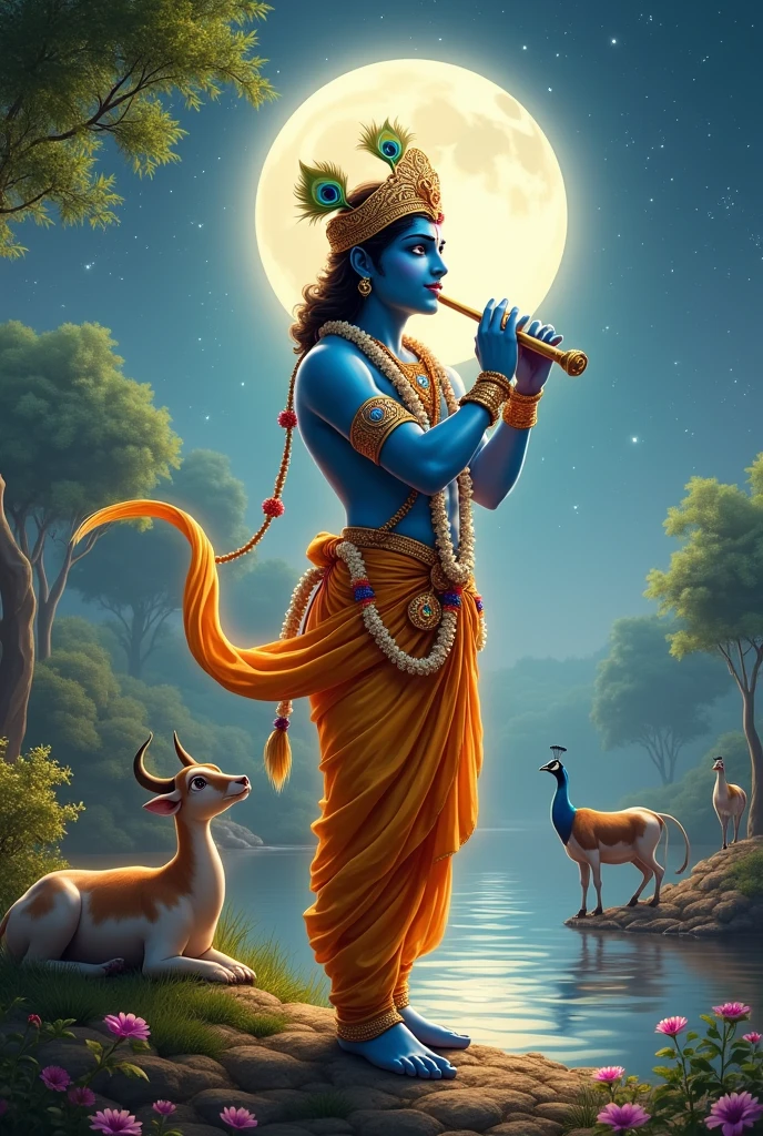 Create an image of Lord Krishna in a divine, ethereal form, standing on the banks of the Yamuna River in Vrindavan under a bright full moon. His skin is a deep, celestial blue, radiating a soft glow. He is adorned in a resplendent golden dhoti with intricate patterns, wearing a shining crown embedded with jewels and peacock feathers. His body is draped with a silk sash and garlands of fresh flowers. Krishna's face is serene and joyful, with a gentle smile as he plays his enchanting flute. Surrounding him are the Gopis, dressed in vibrant, flowing sarees, mesmerized by his music. The background is filled with lush green trees, blooming flowers, and the gentle flowing of the Yamuna River reflecting the moonlight. A group of peacocks dance around him, and cows rest peacefully nearby, adding to the divine, tranquil atmosphere. The sky is filled with twinkling stars, creating a magical and heavenly scene, capturing the essence of Krishna's divine presence and the spiritual aura of Vrindavan.