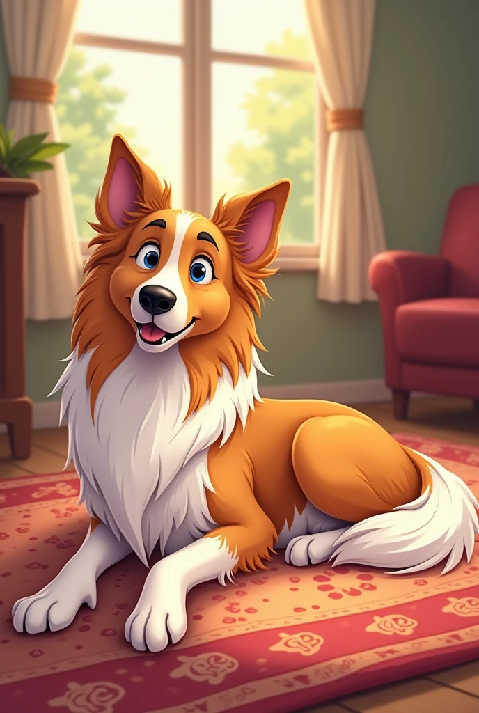 Create a cartoon An adult Collie dog (long hair and pointed nose) light brown and white; lying on a carpet