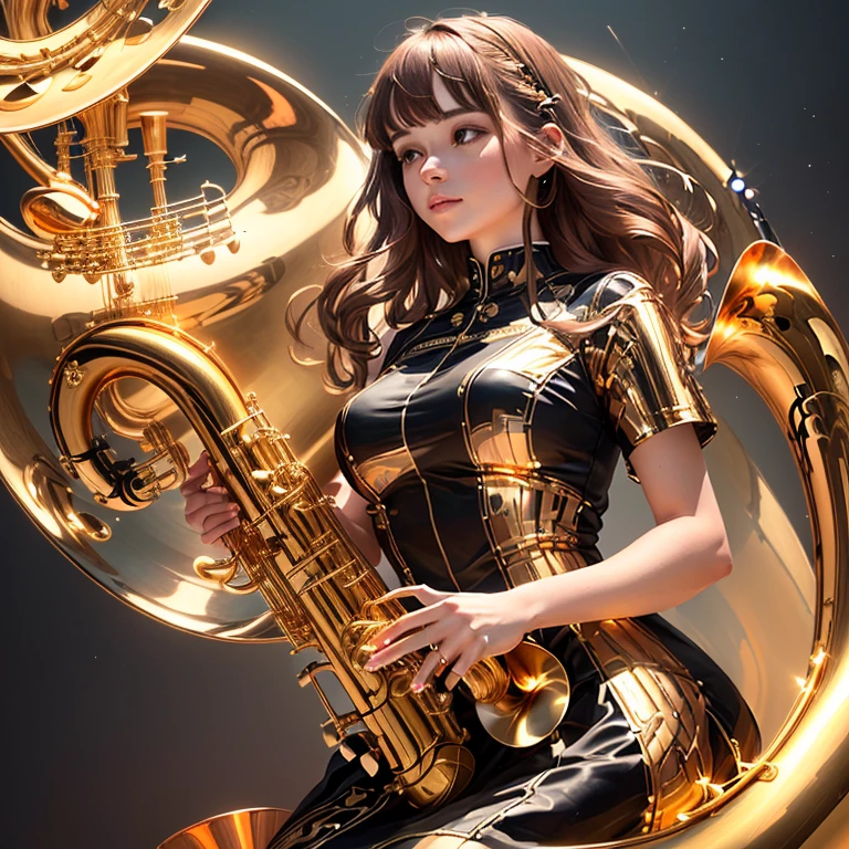 a woman in a dress playing a saxophone with music notes, saxophone, saxophones, real saxophones, The music is playing, musician, Musical instruments, with large golden tubes, Playing music, Music in the air, extremely high quality work of art, masterful composition!!!, Copper woman, great composition, spectacular composition, Musical instrument, Music is life, Foreground background, trending art