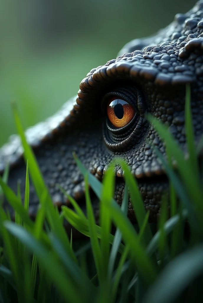 Velociraptor eye in the grass and only the eye can be seen in profile and the rest of its head cannot be seen