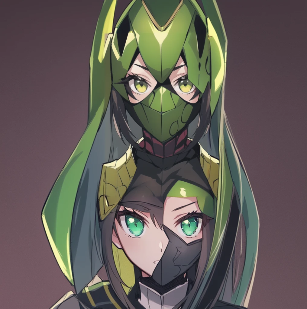 anime girl with green helmet and green eyes posing for camera, portrait of ninja slayer, portrait of a female anime hero, rogue anime girl, but the armor covers her face, detailed anime character art, insect trainer girl, clean detailed anime art, character art closeup, reptile face, android heroine, face of an armored villian, character portrait closeup, detailed key anime art, half body portrait, big boob, tight suit, green ninja tight suit