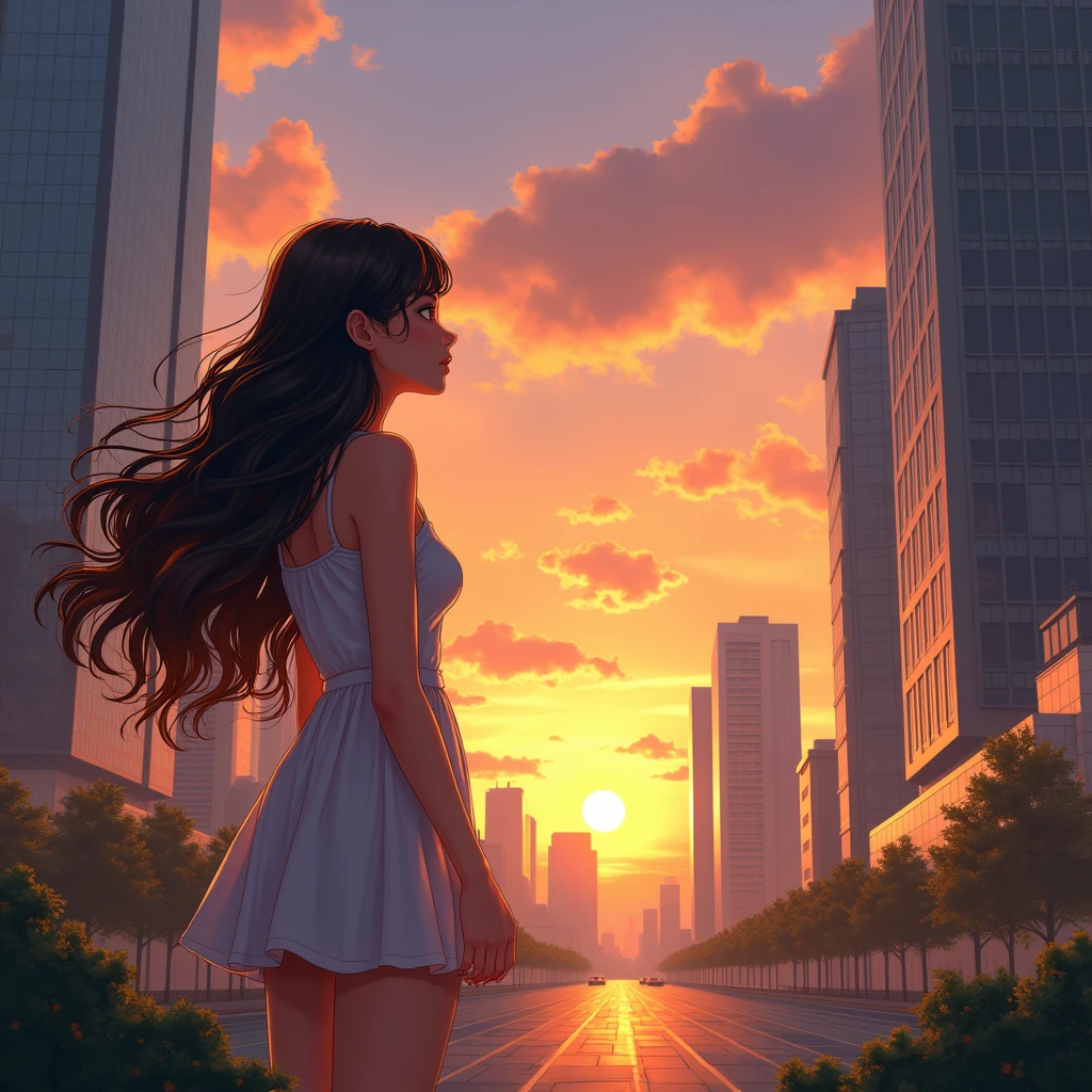 Sunset, city, Mall, long hair girl