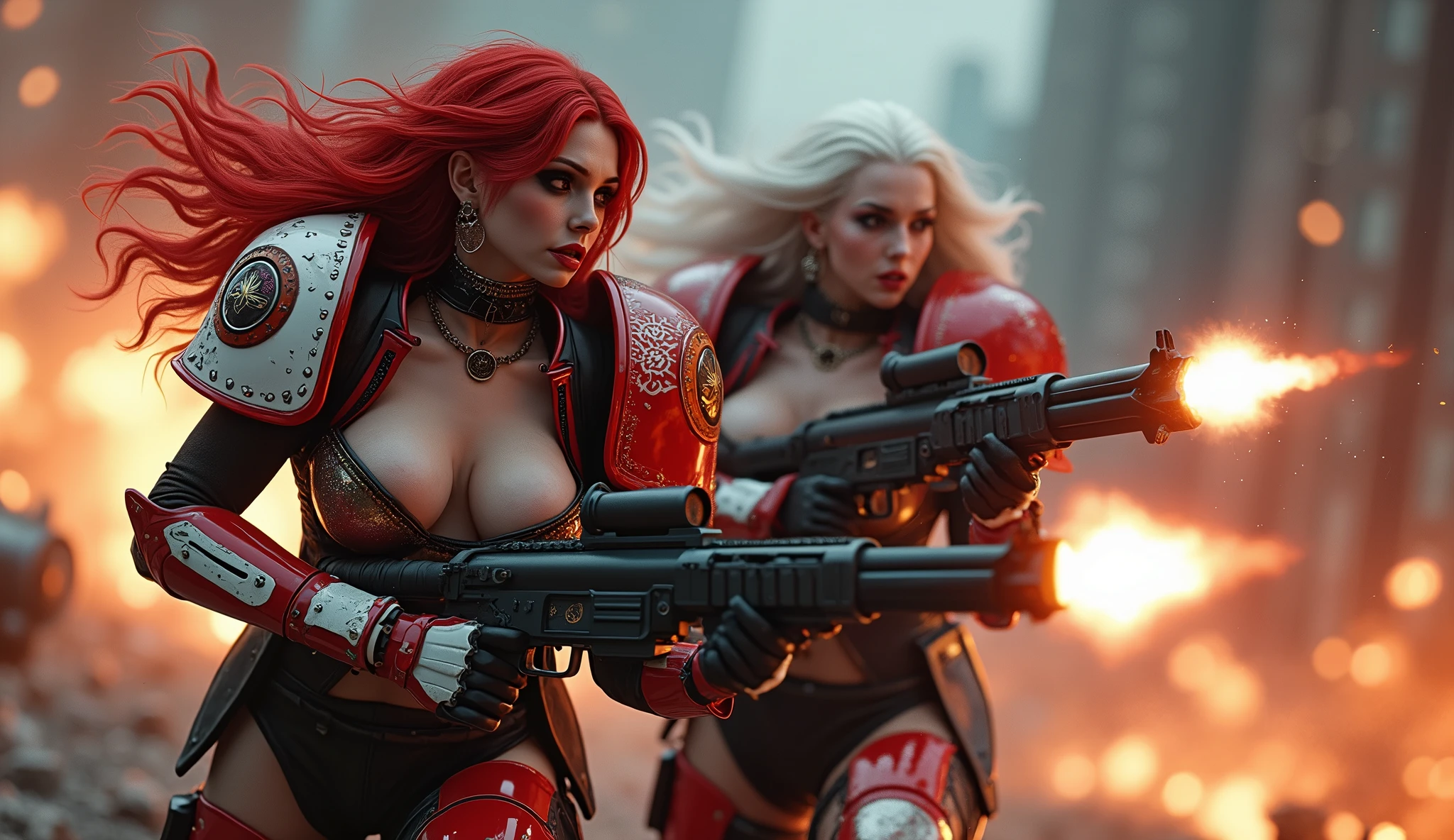 Full body pose sexy sisters of battle from the warhammer 40k, shooting at the enemy, red space marine armor with intricate details, white space marine armor with intricate details, symbols on the armor, sisters of battle, warhammer 40k, Massive exposed silicone breast, pale skin, seductive, temptation, eat your soul, clevage, long red flowing hair, long white flowing hair, long black flowing hair with purple highlights, heavy gothic makeup, at night, neon, beautiful detailed eyes, beautiful detailed lips, extremely detailed eyes and face, long eyelashes, highly detailed armor, intricate futuristic weaponry, dramatic lighting, cinematic composition, muted color palette, gritty and realistic, mecha, science fiction, hyper-detailed, photorealistic, award winning digital art, 8k, HDR, masters work, in the middle of a battle field, full body combat action pose, explosions and fire around, full war, stunning, Stilleto heels, high heels, full body pose, cinematic, movie trailer, final stand!, nemesis, ready to strike, dust and debree, combat screams, attacking, shooting at the enemy, running forward, last line of defense, charging, fanatic, religious, templar knights, sisters of battle, warhammer 40k, shooting at the enemy, bimbo gigantic exposed breast, jetpacks, space marine
