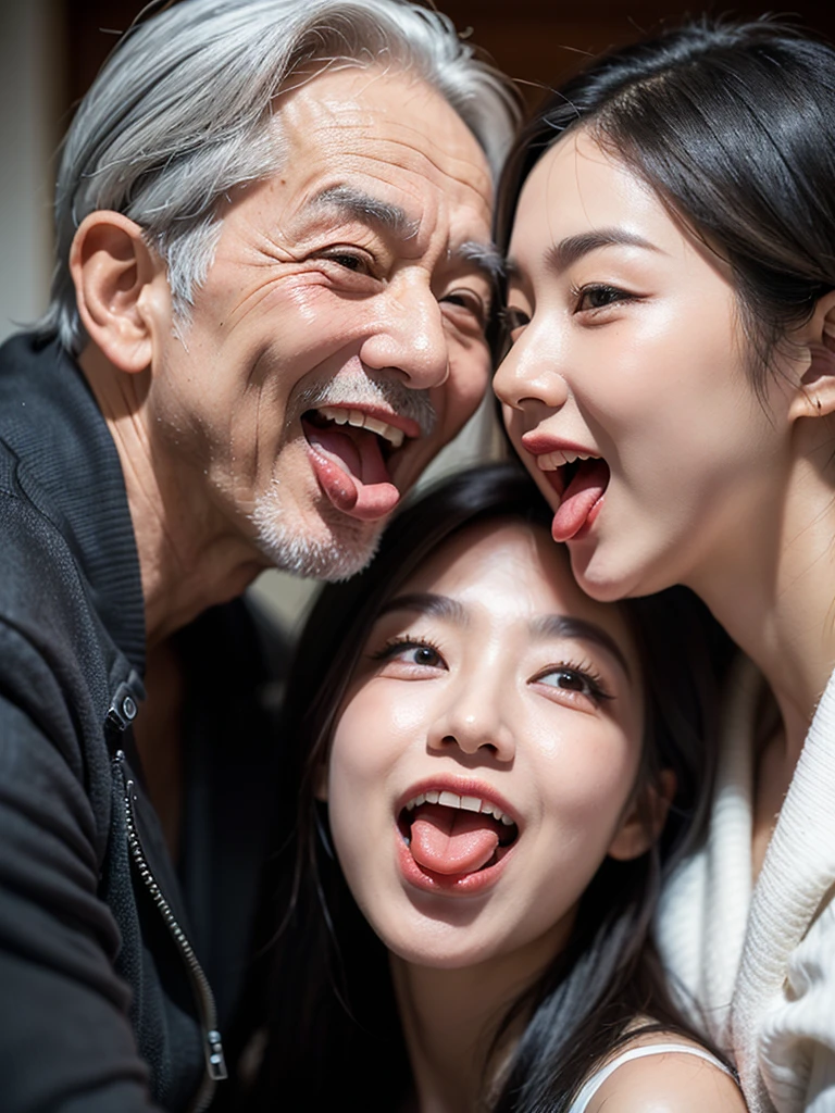 
1 korean girl is 20 years old, long black hair, ((1 korean man is 70 years old, very old, grey hair)), "young girl and old man kissing", kissing, face to face, romantic, natural pose, (((old man open mouth and tongue out)))