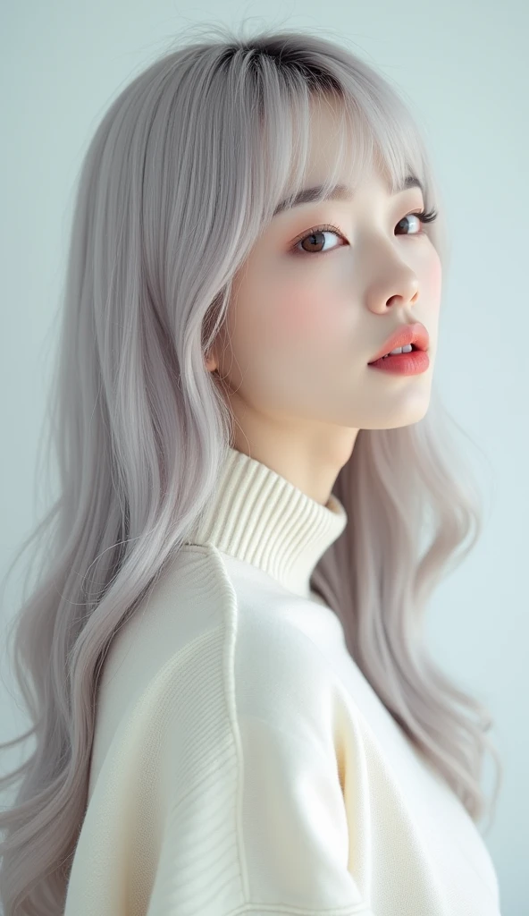 there is a woman with long hair and a white sweater, a pastel by Lü Ji, trending on cg society, rococo, girl Chinese fashion silver hair, ulzzang, long white hair and bangs