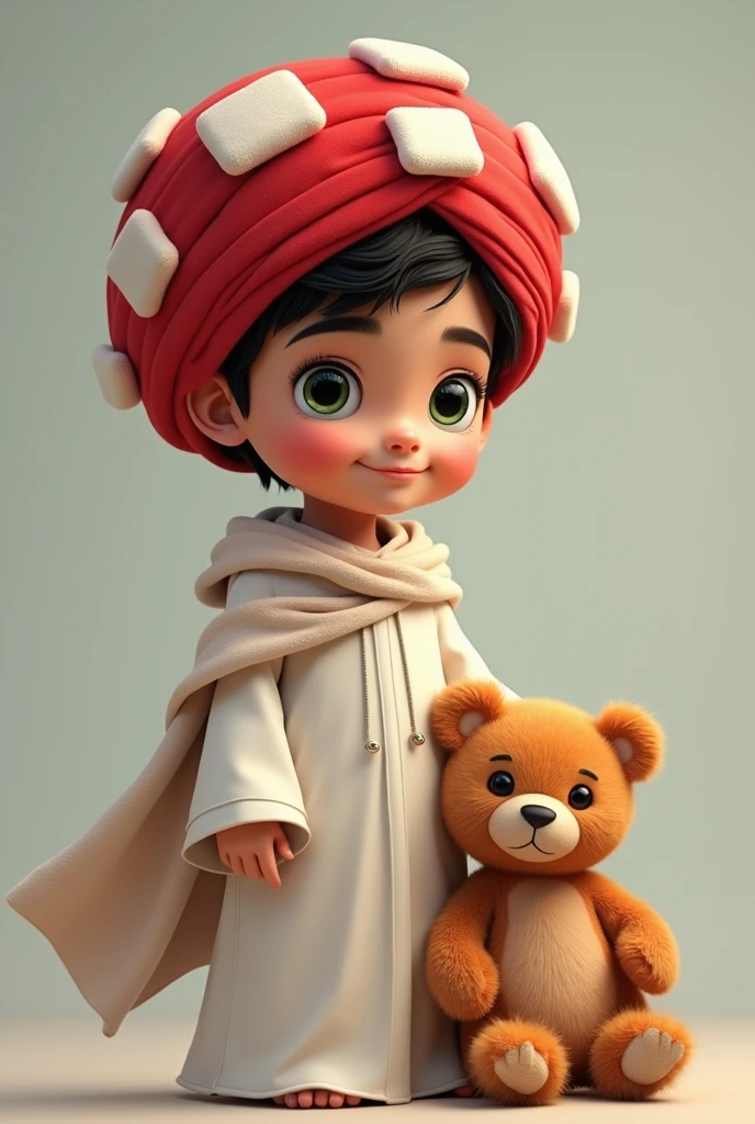 Teddy bear boy with red turban with white squares and white Arab robe with green eyes and thick black eyebrows
