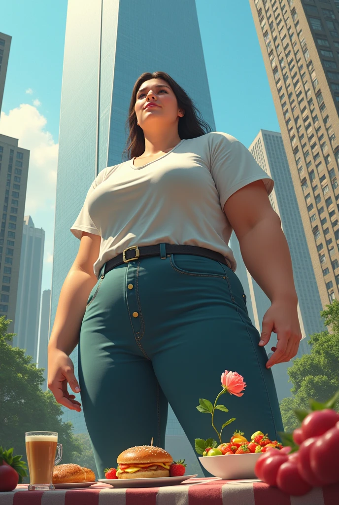 Big, strong, giant girl, has a big mouth standing level with a skyscraper wearing modest clothes, holding a small rose behind her, many delicious morning foods as humans do, realistic, real, high resolution details, full picture like reality